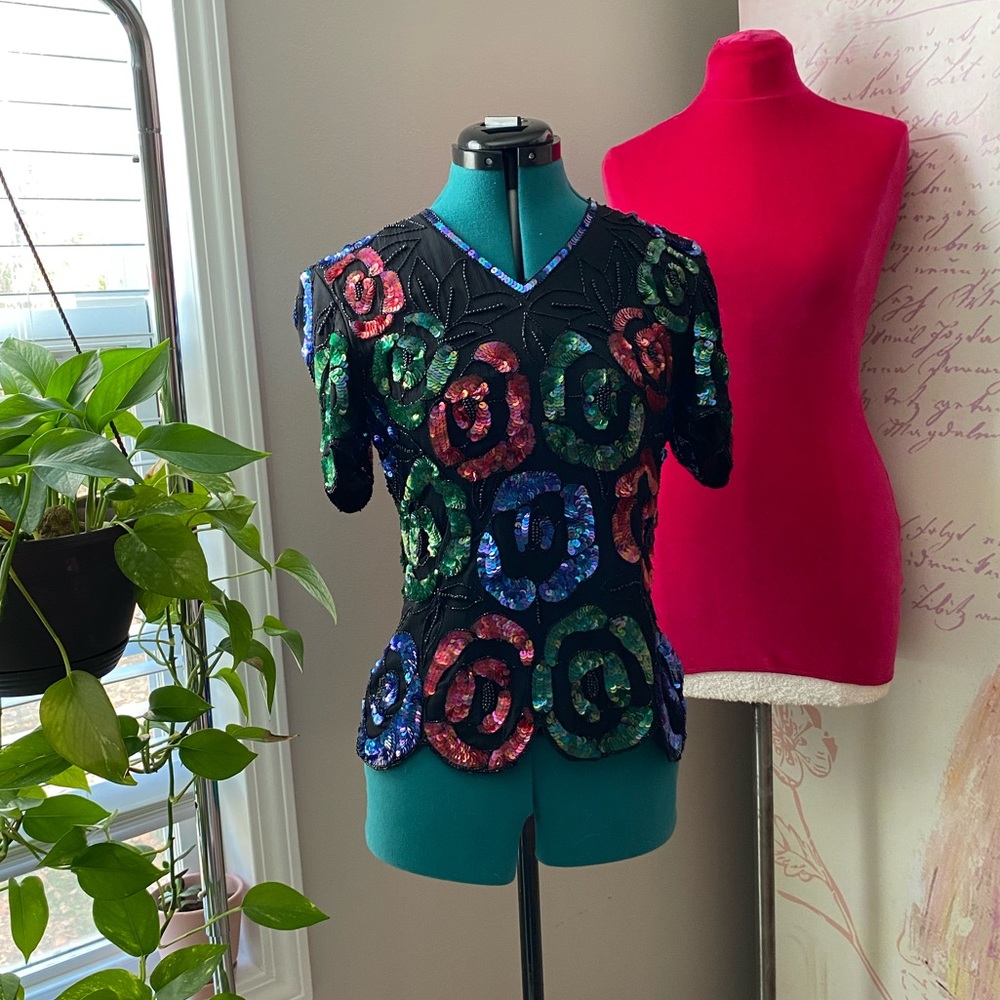 Vintage floral sequin silk top PP